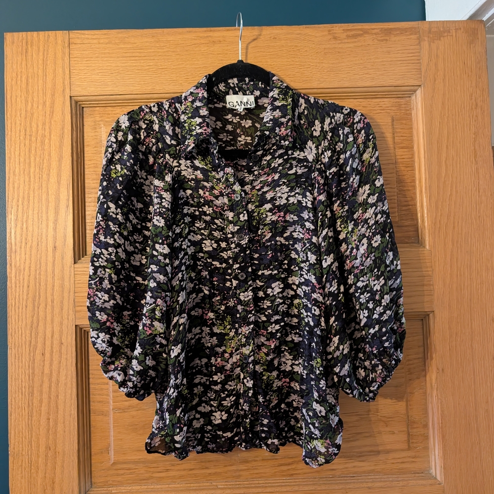 Ganni Black Ruffled 3/4 Sleeve Blouse